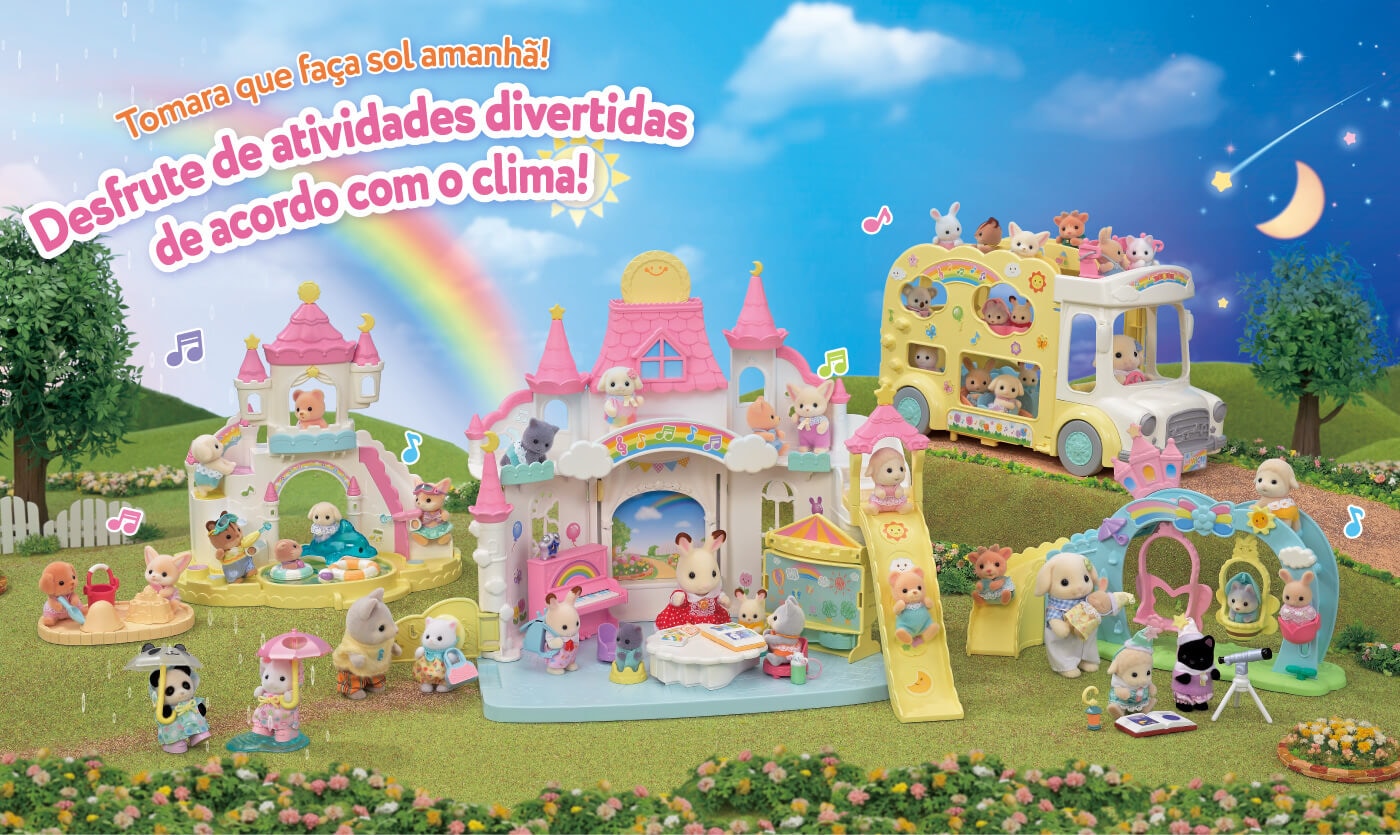 Castelo Ensolarado Jardim de Infância da Série Jardim de Infância da Sylvanian Families. Vamos desfrutar de atividades divertidas de acordo com o clima!