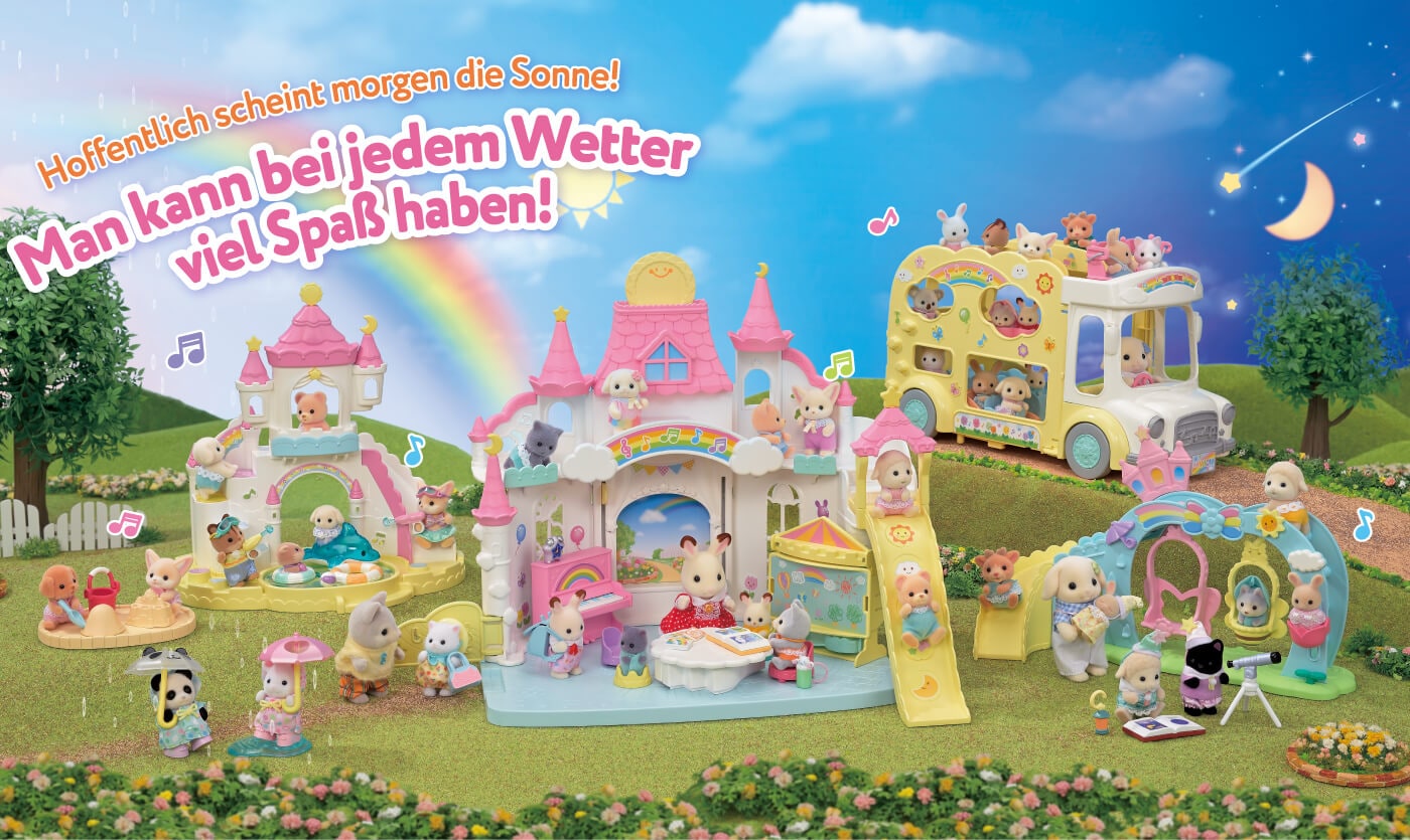 Der Erlebniskindergarten "Sonnenschloss" aus der Erlebniskindergarten-Serie von Sylvanian Families. Bei jedem Wetter kann im Erlebniskindergarten gespielt werden.