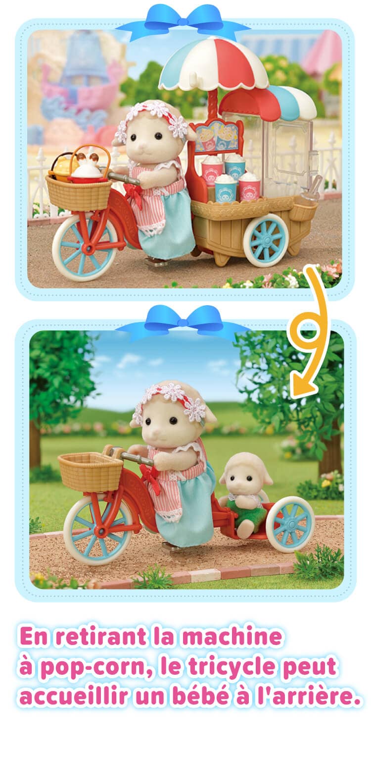 En retirant la machine à pop-corn, le tricycle peut accueillir un bébé à l'arrière.