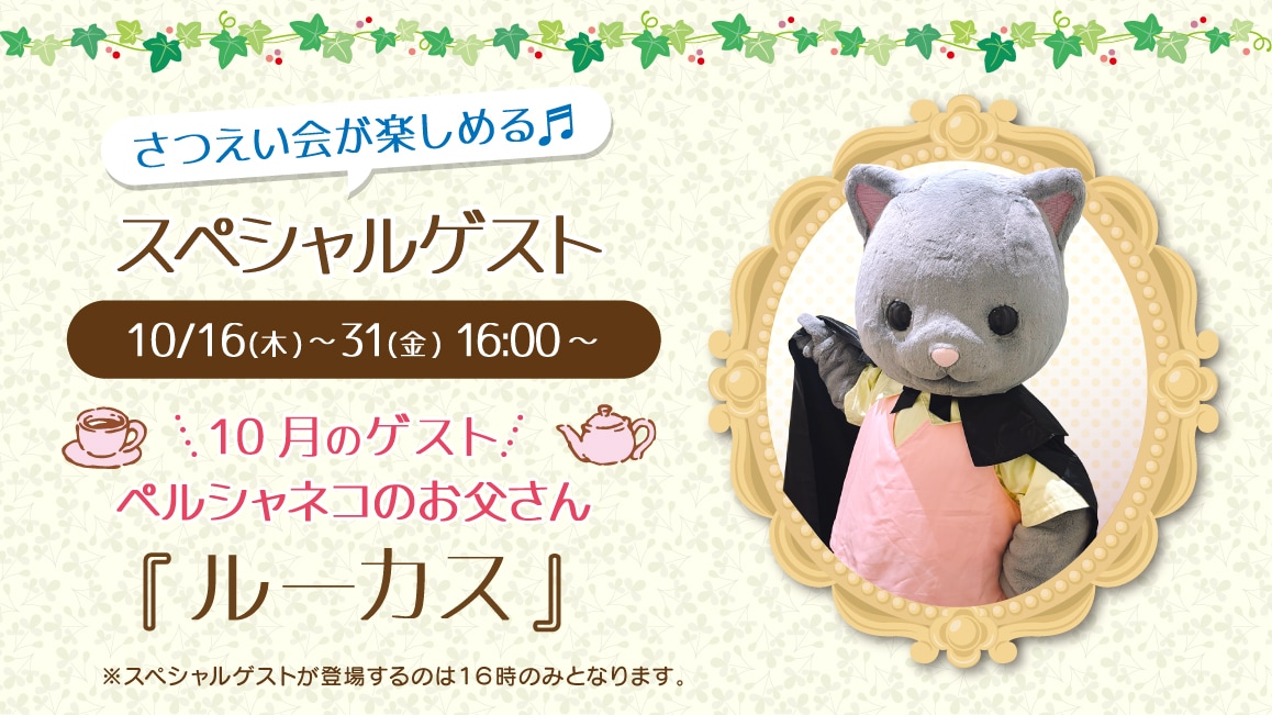 マスコットのスペシャルゲスト 10/16(木)～10/31(金)16:00～ 10月のゲスト ペルシャネコのお父さん『ルーカス』※ゲストが登場するのはティータイムの時間（16時）のみとなります