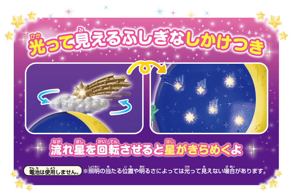 流れ星を回転させると星がまたたくよ！※電池は使用しません。※証明の当たる位置や明るさによっては光って見えない場合があります。