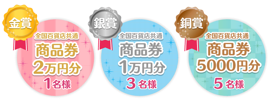 金賞　商品券2万円 1名様、銀賞　商品券1万円 3名様、銅賞　商品券5000円 5名様